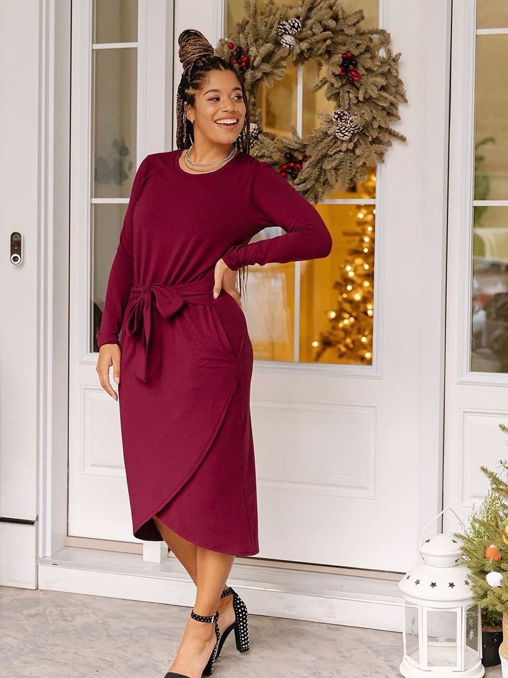 Smash + Tess long sleeve Rebecca wrap dress in bold burgundy